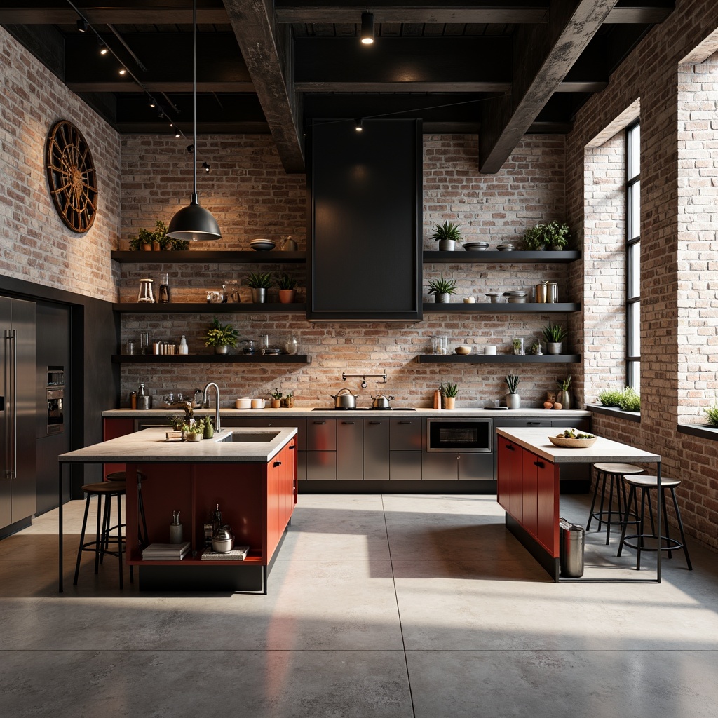 Prompt: Industrial-style kitchen islands, functional cabinetry, minimalist countertops, bold color schemes, geometric patterns, steel appliances, sleek faucets, exposed brick walls, polished concrete floors, modernist lighting fixtures, cantilevered shelves, open shelving, rustic wood accents, industrial-chic decor, urban loft atmosphere, high-contrast lighting, dramatic shadows, 2/3 composition, symmetrical framing, abstract textures, ambient occlusion.