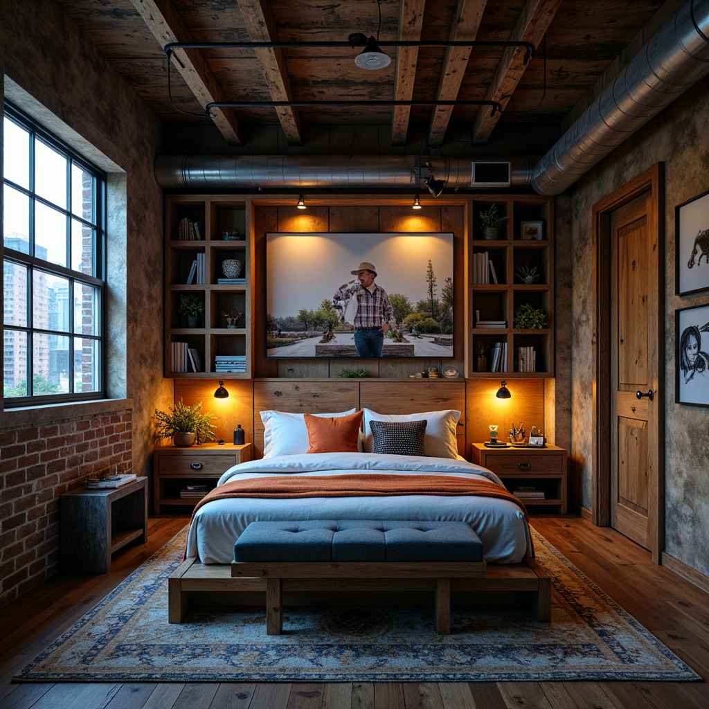 Prompt: Rustic industrial bedroom, distressed wood accents, metal beams, exposed brick walls, urban loft atmosphere, moody color scheme, dark blues, rich grays, warm neutrals, pops of bright orange, yellowish lighting, gritty textures, reclaimed wood furniture, vintage industrial decor, metallic finishes, functional storage units, cozy reading nooks, dimmable overhead lighting, 1/2 composition, dramatic shadows, soft focus, atmospheric ambiance.