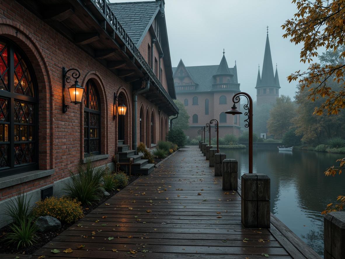 Prompt: Weathered wooden dock, rusty metal lanterns, ornate gothic arches, pointed steeples, stained glass windows, intricate stone carvings, mysterious dark colors, worn brick walls, overgrown vegetation, misty lake atmosphere, soft warm lighting, shallow depth of field, 3/4 composition, realistic textures, ambient occlusion.Let me know if you need any adjustments!