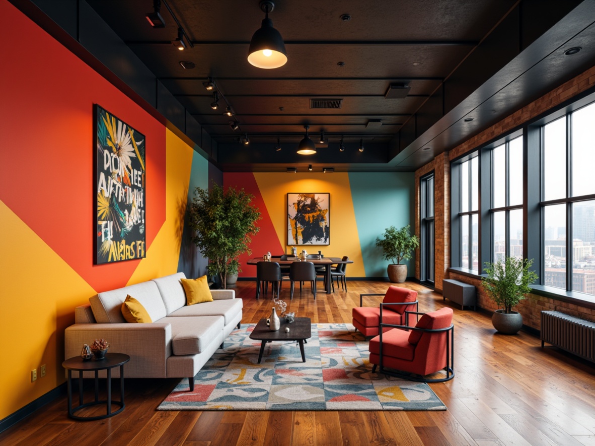 Prompt: Vibrant color accents, geometric shapes, industrial materials, functional furniture, tubular steel chairs, minimalist decor, bold typography, primary color palette, stark contrasts, natural textiles, wooden floors, urban loft atmosphere, abstract artwork, overhead lighting, 3/4 composition, high-angle shot, cinematic lighting, realistic textures, ambient occlusion.