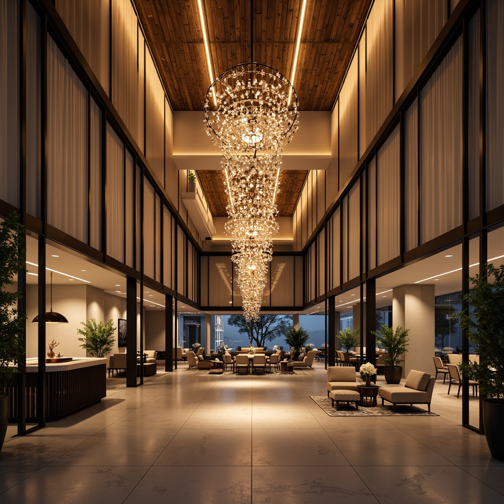 Prompt: Sophisticated interior space, elegant chandeliers, suspended ceiling fixtures, warm ambient lighting, LED strip lights, metallic finishes, modern pendant lamps, crystal droplets, luxurious textures, neutral color palette, high ceilings, open floor plans, minimalist decor, soft shadows, 3/4 composition, atmospheric illumination, subtle color temperature.