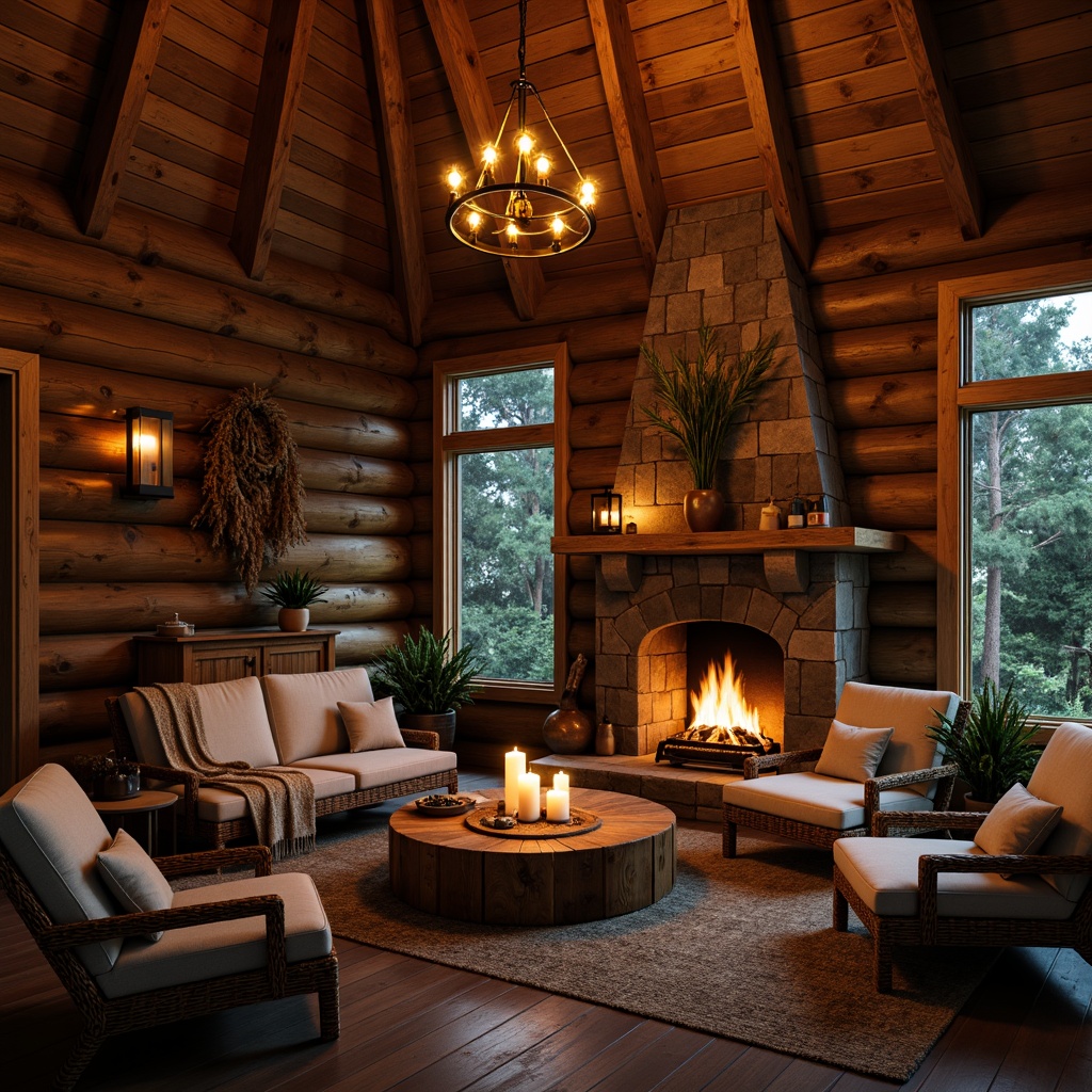 Prompt: Rustic wooden cabin, warm candlelight, soft lantern glow, vintage metal chandeliers, Edison bulb pendants, natural stone fireplaces, earthy color palette, cozy throw blankets, distressed wood accents, woven rattan furniture, organic textures, dimmable ambient lighting, warm golden tones, moody shadows, 1/2 composition, shallow depth of field, realistic rendering.