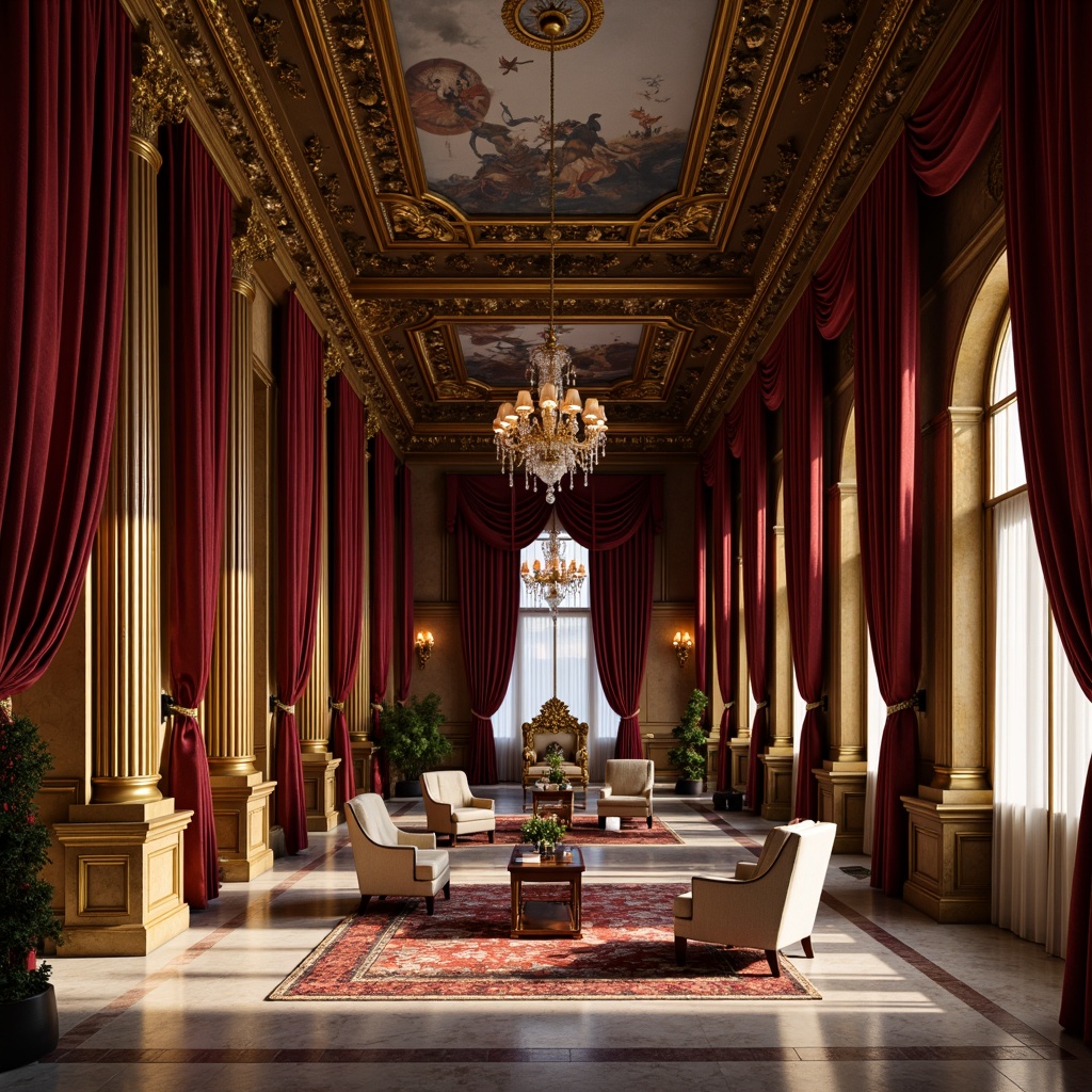 Prompt: Rich velvet drapes, ornate golden frames, luxurious wooden paneling, intricate marble floors, stately columns, majestic chandeliers, regal throne-like seating, opulent crimson accents, lavish crystal decorations, subtle fresco ceilings, soft warm lighting, cinematic composition, dramatic shadows, high contrast ratio, 1/1 aspect ratio, realistic textures, ambient occlusion.