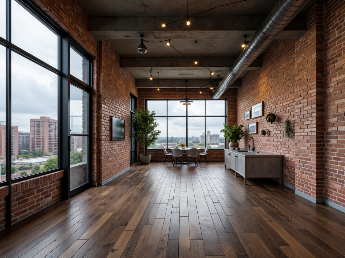 Prompt: Exposed brick walls, metal beams, reclaimed wood flooring, industrial-style lighting fixtures, urban loft atmosphere, modern minimalist decor, concrete accents, distressed finishes, metallic colors, urban cityscape views, cloudy day, soft natural light, shallow depth of field, 1/2 composition, realistic textures, ambient occlusion.