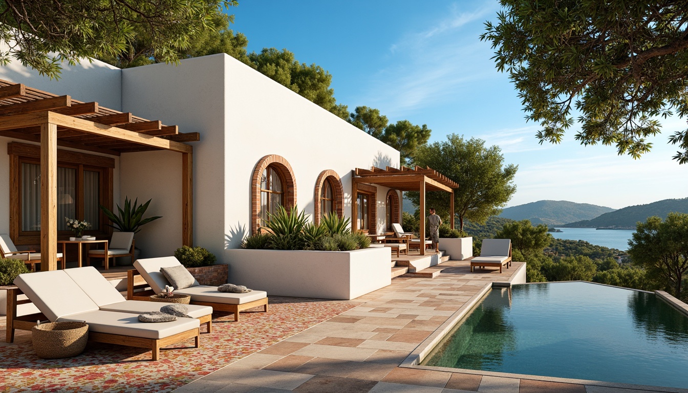 Prompt: Warm Mediterranean villa, lush greenery, olive trees, sun-kissed terracotta roofs, white stucco walls, arched windows, ornate ironwork, outdoor seating areas, wooden pergolas, vibrant colorful tiles, rustic stone flooring, soft warm lighting, shallow depth of field, 3/4 composition, panoramic view, realistic textures, ambient occlusion, azure blue skies, gentle sea breeze, serene atmosphere, inviting pool areas, lush gardens, citrus trees, fragrant herbs, scenic coastal views.