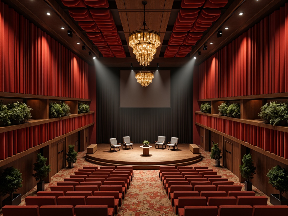 Prompt: Luxurious theater interior, acoustic panels, sound-absorbing materials, velvet curtains, wooden flooring, tiered seating, spotlights, professional audio equipment, high ceilings, ornate chandeliers, rich wood accents, intimate atmosphere, optimal sound quality, minimal echo, warm lighting, 1/2 composition, cinematic perspective, realistic textures, ambient occlusion.