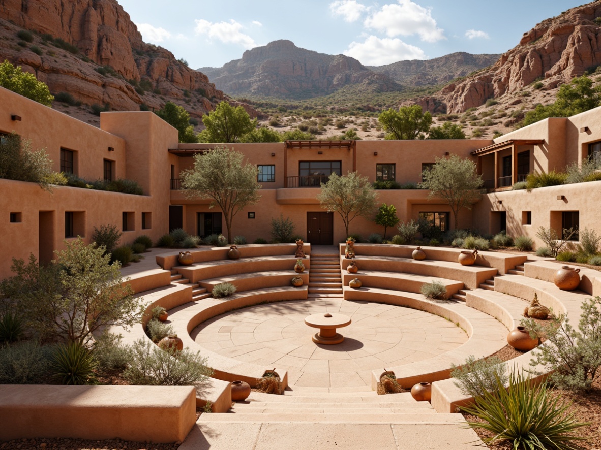 Prompt: Southwestern amphitheater, rugged stone walls, curved seating areas, natural desert landscape, cacti and succulents, warm sandy tones, terracotta pottery accents, wooden pergolas, vibrant turquoise details, traditional Native American patterns, woven textiles, earthy color palette, warm sunny day, soft natural lighting, dramatic shadows, 3/4 composition, wide-angle shot, realistic rock textures, ambient occlusion.