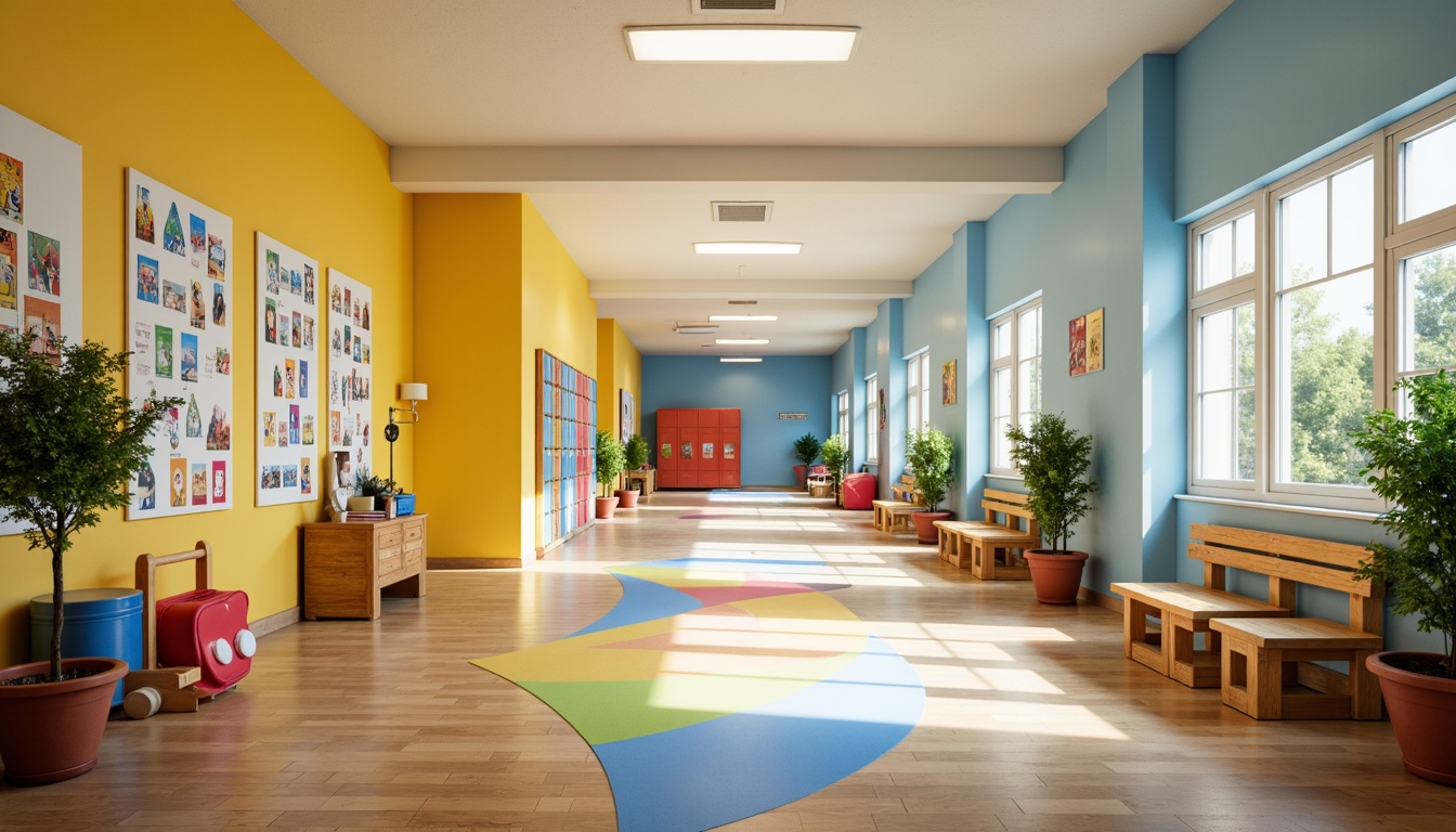 Prompt: Vibrant elementary school, playful corridors, warm beige walls, soft blue accents, cheerful yellow highlights, educational posters, colorful lockers, wooden classroom furniture, natural light pouring in, large windows, inviting entranceways, friendly signage, gentle curves, rounded shapes, whimsical illustrations, engaging murals, lively patterns, joyful atmosphere, harmonious color scheme, 1/2 composition, soft focus, warm lighting, realistic textures.