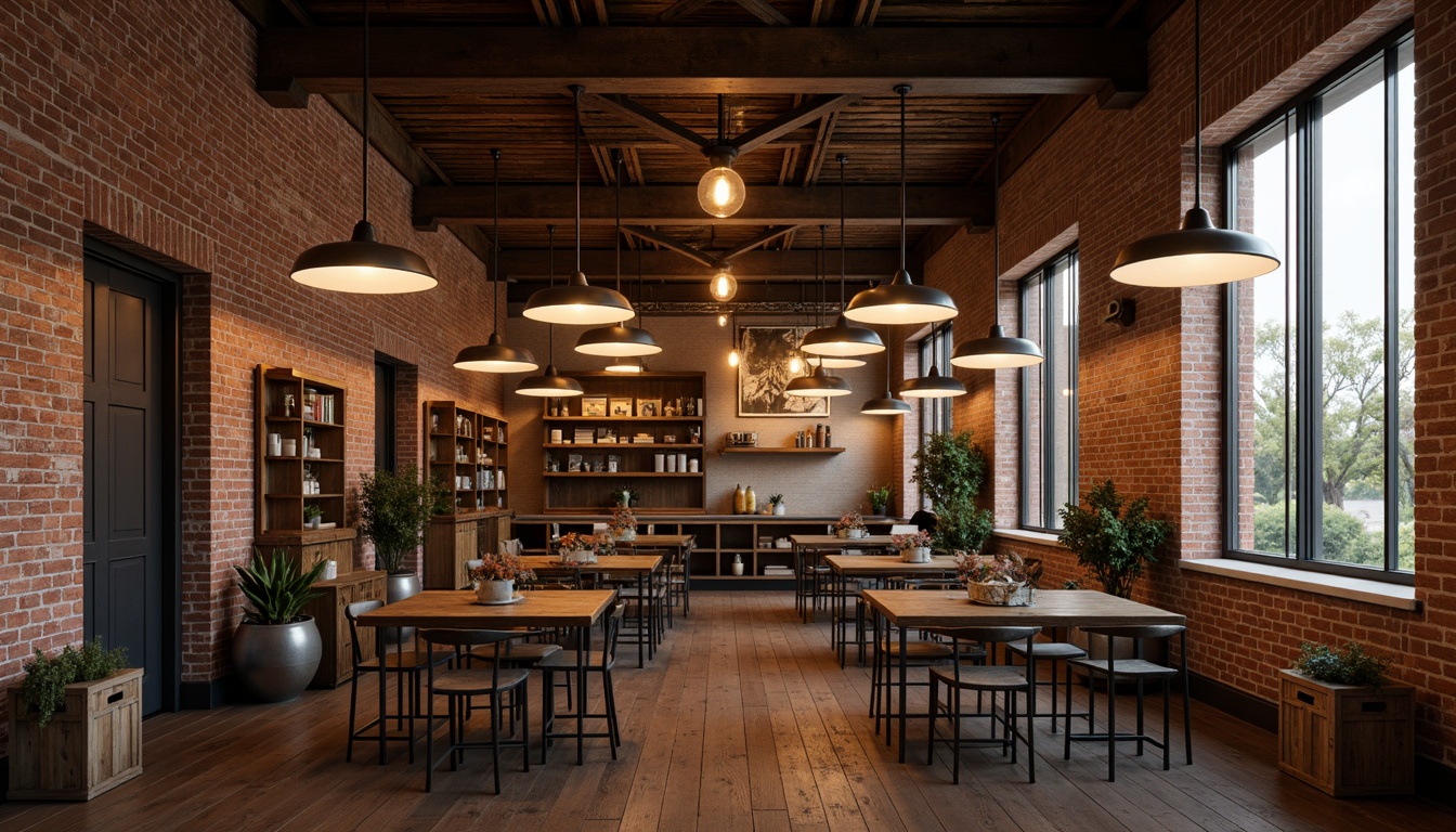 Prompt: Exposed brick walls, reclaimed wood accents, metal beams, industrial-style lighting fixtures, pendant lamps, Edison bulbs, metal shades, rustic wooden crates, vintage factory elements, distressed finishes, urban loft atmosphere, warm cozy ambiance, soft golden lighting, 1/1 composition, dramatic shadows, realistic textures, ambient occlusion.