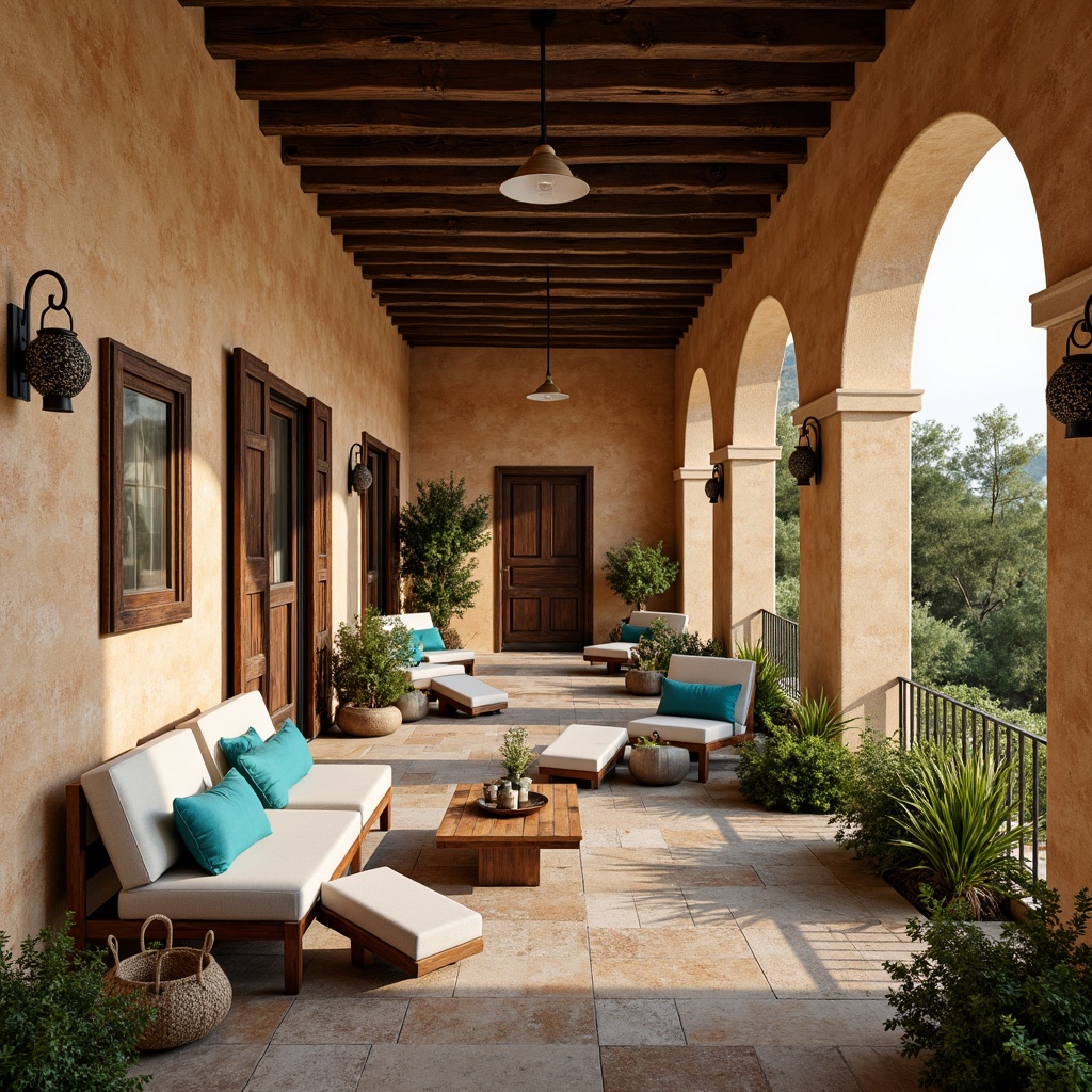 Prompt: Warm Mediterranean villa, textured walls, earthy tones, rustic stone floors, wooden beams, distressed wood accents, ornate metalwork, decorative ceramics, vibrant turquoise hues, lush greenery, natural fabrics, woven baskets, plush furnishings, soft warm lighting, shallow depth of field, 3/4 composition, cozy atmosphere, realistic textures, ambient occlusion.