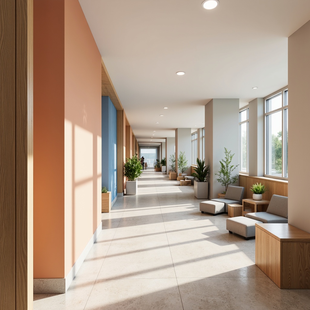 Prompt: Calming hospital interior, soft peach walls, warm beige flooring, gentle blue accents, natural wood tones, comfortable seating areas, soothing greenery, medical equipment, stainless steel surfaces, minimalist decor, clean lines, bright white lighting, subtle texture overlays, shallow depth of field, 1/2 composition, realistic reflections, ambient occlusion.