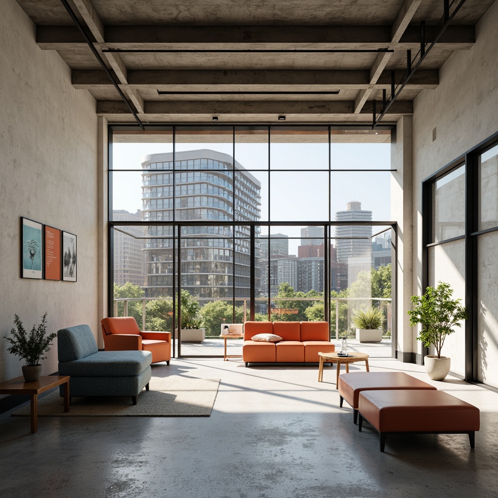 Prompt: Minimalist open space, industrial materials, functional furniture, clean lines, rectangular forms, primary color accents, natural light, airy atmosphere, concrete floors, steel beams, wooden accents, geometric patterns, urban landscape, modern cityscape, sunny day, high contrast lighting, shallow depth of field, 2/3 composition, symmetrical framing, realistic textures, ambient occlusion.