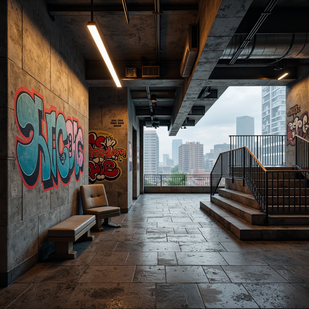 Prompt: Graffiti-covered concrete walls, exposed ductwork, industrial-style lighting fixtures, bold geometric patterns, rugged stone flooring, distressed wood accents, urban cityscape views, overcast skies, dramatic shadows, high-contrast lighting, 1/2 composition, gritty textures, atmospheric fog, raw concrete structures, metallic beams, functional staircases, minimalist decor, eclectic color palette, muted earth tones, pops of bright neon hues, bold typography, abstract murals.