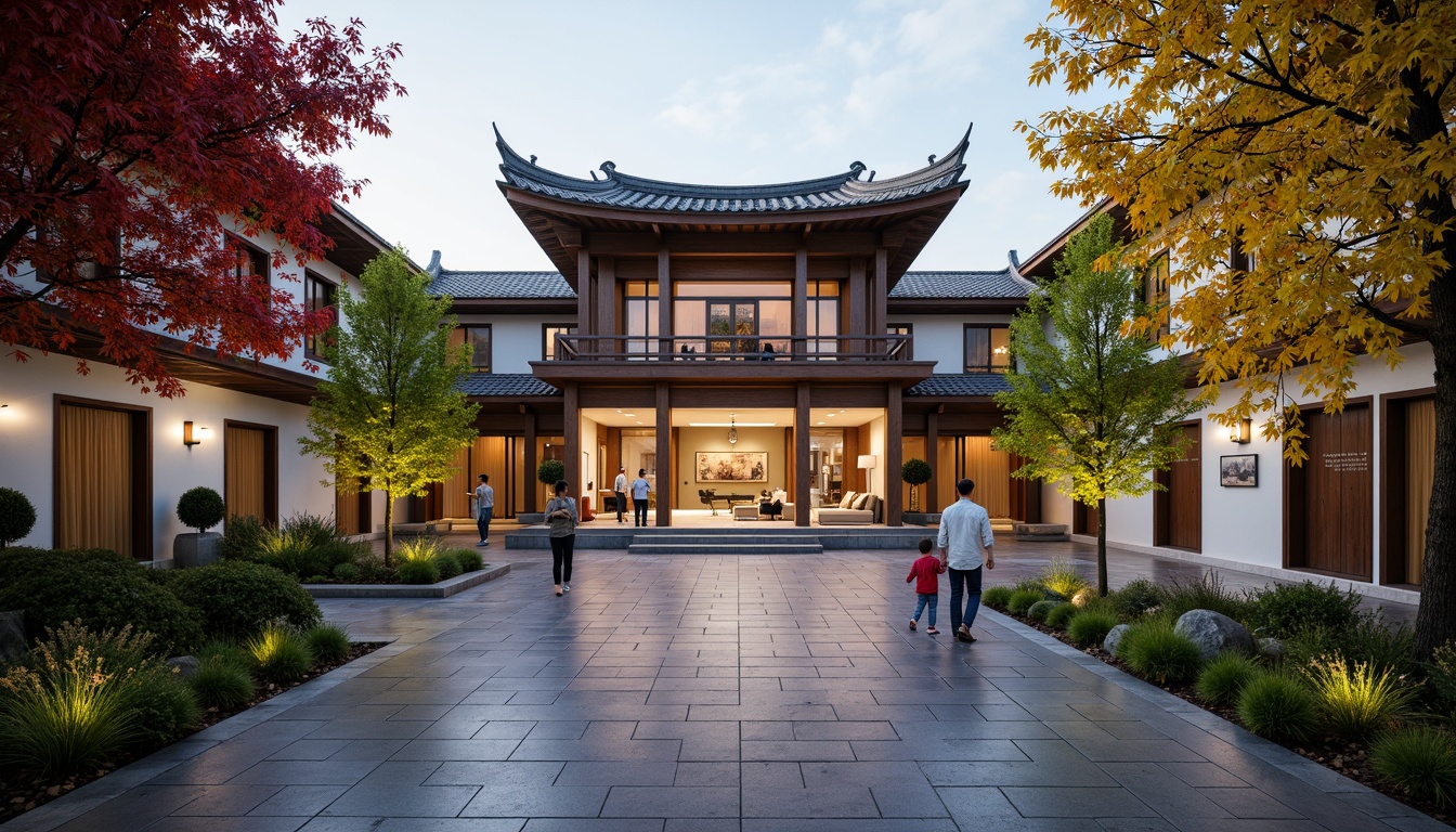 Prompt: Serenely lit courtyard, traditional Asian pagoda, lush green bamboo, vibrant cherry blossom trees, natural stone pathways, wooden accents, cultural heritage symbols, educational signage, modern minimalism, open floor plans, collaborative learning spaces, comfortable seating areas, warm soft lighting, shallow depth of field, 3/4 composition, panoramic view, realistic textures, ambient occlusion.