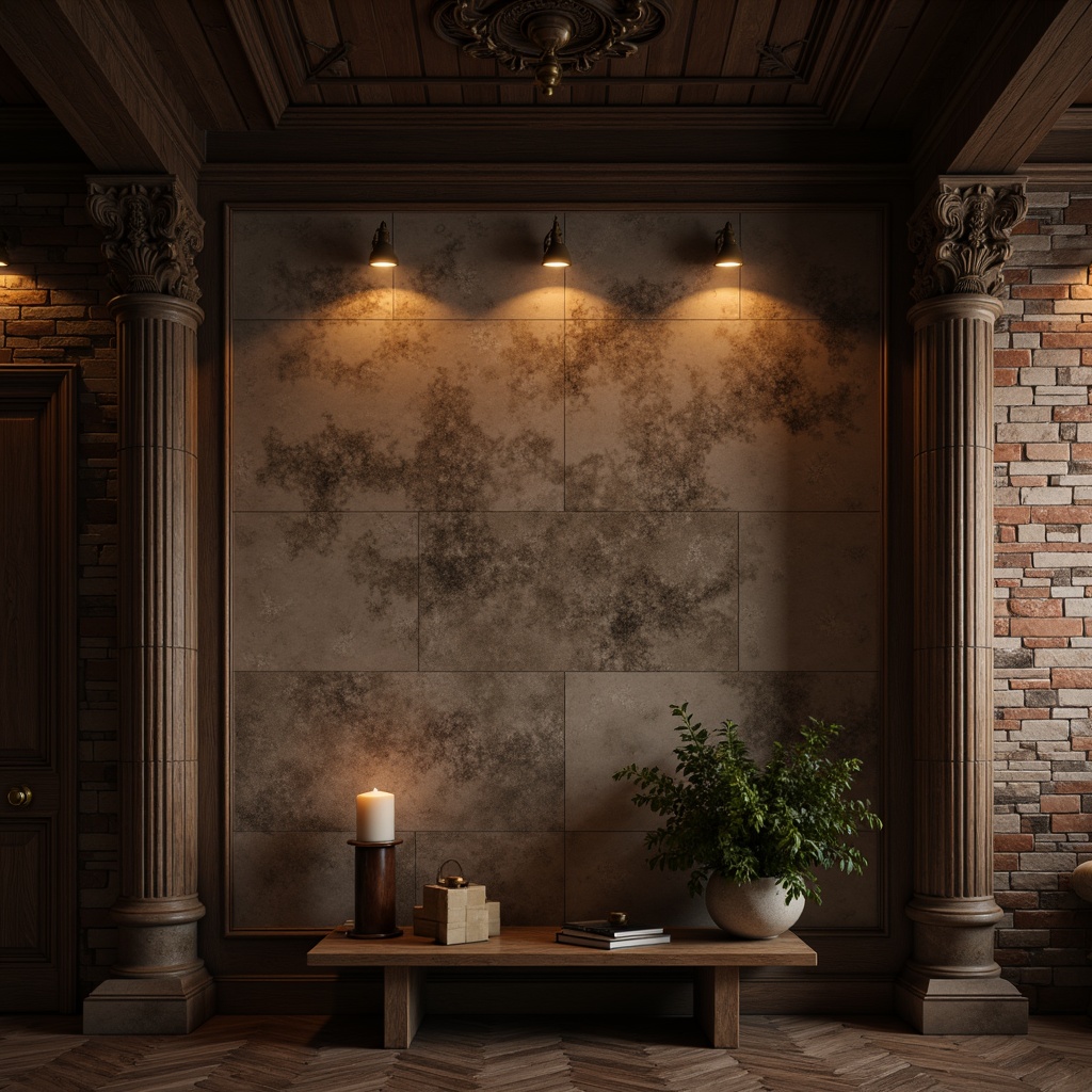 Prompt: Rustic traditional wall, distressed stone texture, earthy tones, vintage brick patterns, ornate wooden accents, classical columns, intricate carvings, warm candlelight, soft focus, shallow depth of field, 1/1 composition, realistic textures, ambient occlusion, nostalgic atmosphere.