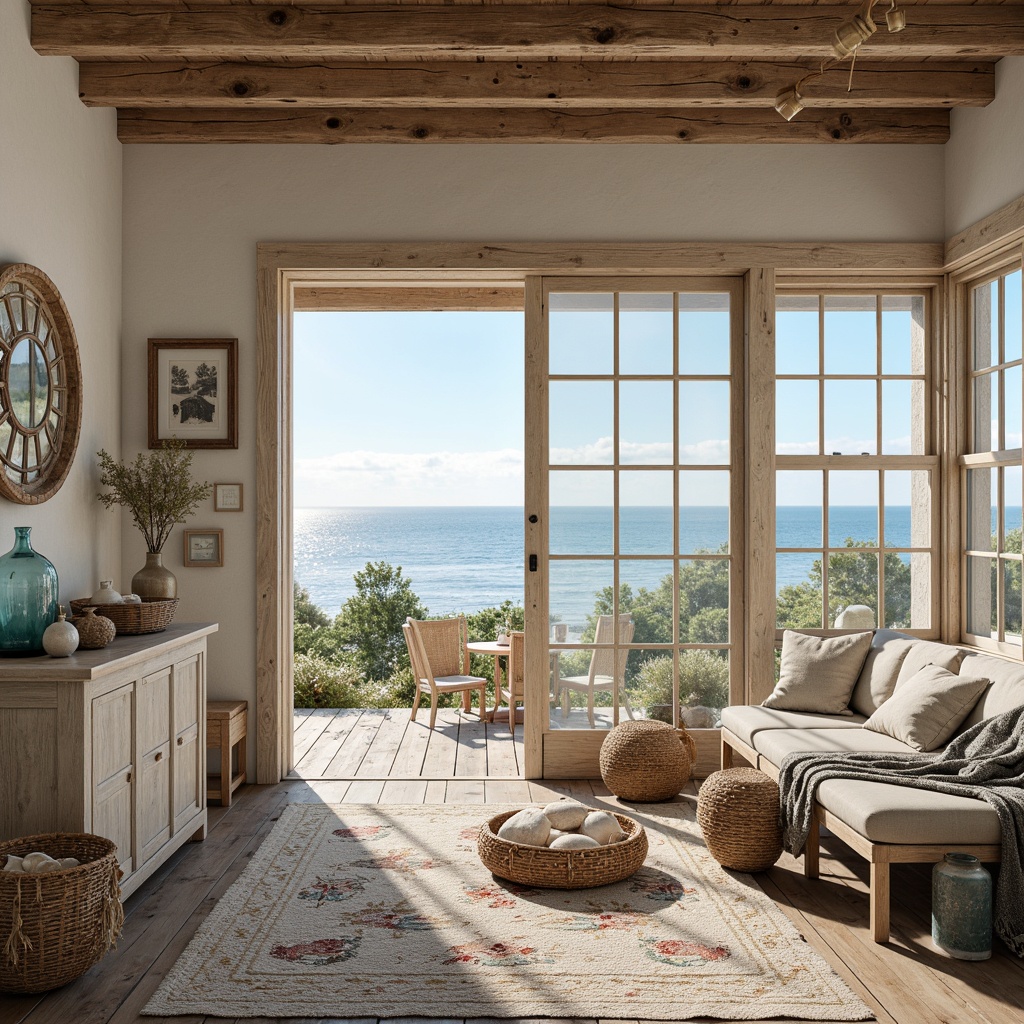 Prompt: Seaside cottage, driftwood accents, nautical ropes, ocean-inspired color palette, soft sandy textures, distressed wood finishes, coral-patterned rugs, shell-adorned vases, ocean-blue glassware, natural linen fabrics, woven sea grass baskets, rustic wooden furniture, vintage marine artifacts, sunny coastal day, warm soft lighting, shallow depth of field, 1/1 composition, realistic water effects, ambient occlusion.