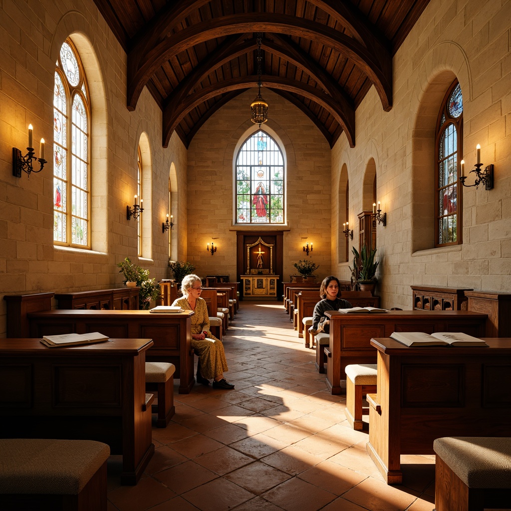 Prompt: Warm beige stone walls, rich wood accents, stained glass windows, ornate metal fixtures, rustic wooden pews, soft candlelight, earthy terracotta flooring, natural textiles, vintage hymnals, distressed leather-bound Bibles, warm golden lighting, subtle shadows, shallow depth of field, 1/2 composition, intimate atmosphere, realistic textures, ambient occlusion.