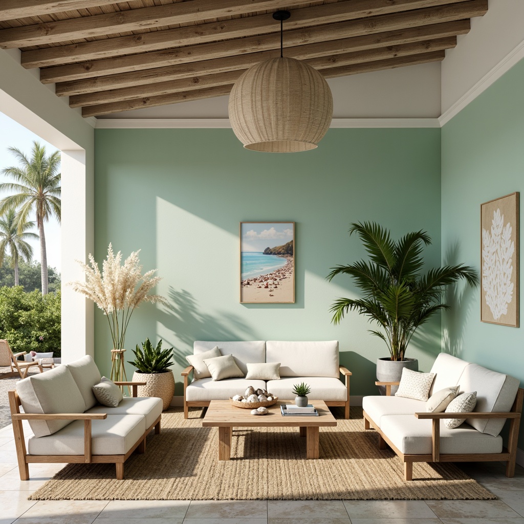 Prompt: Coastal-inspired interior, soft ocean breeze, calming seafoam green walls, weathered wood accents, driftwood furniture, jute rug, natural linen upholstery, shell-adorned decor, coral-patterned tiles, glass pendant lighting, woven sea grass baskets, distressed wooden ceiling, beachy texture, warm beige tones, creamy whites, soft blues, ocean-inspired artwork, serene ambiance, relaxed coastal vibe, 1/1 composition, softbox lighting, shallow depth of field.