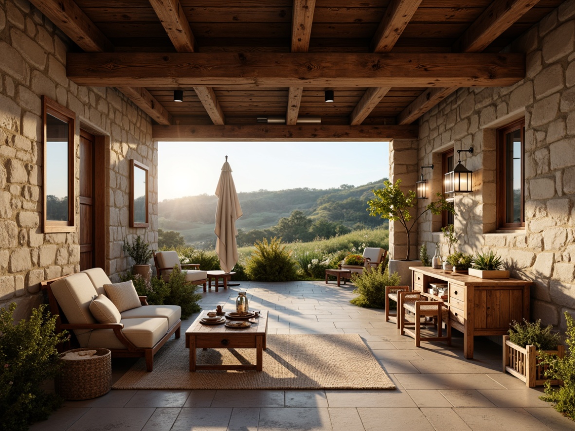 Prompt: Rustic wooden beams, vintage lanterns, distressed stone walls, earthy color palette, natural textiles, woven baskets, antique furniture, metal accents, candlelight ambiance, soft warm lighting, shallow depth of field, 1/2 composition, realistic textures, ambient occlusion, countryside landscape, rolling hills, wildflowers, sunny afternoon, gentle breeze, serene atmosphere.