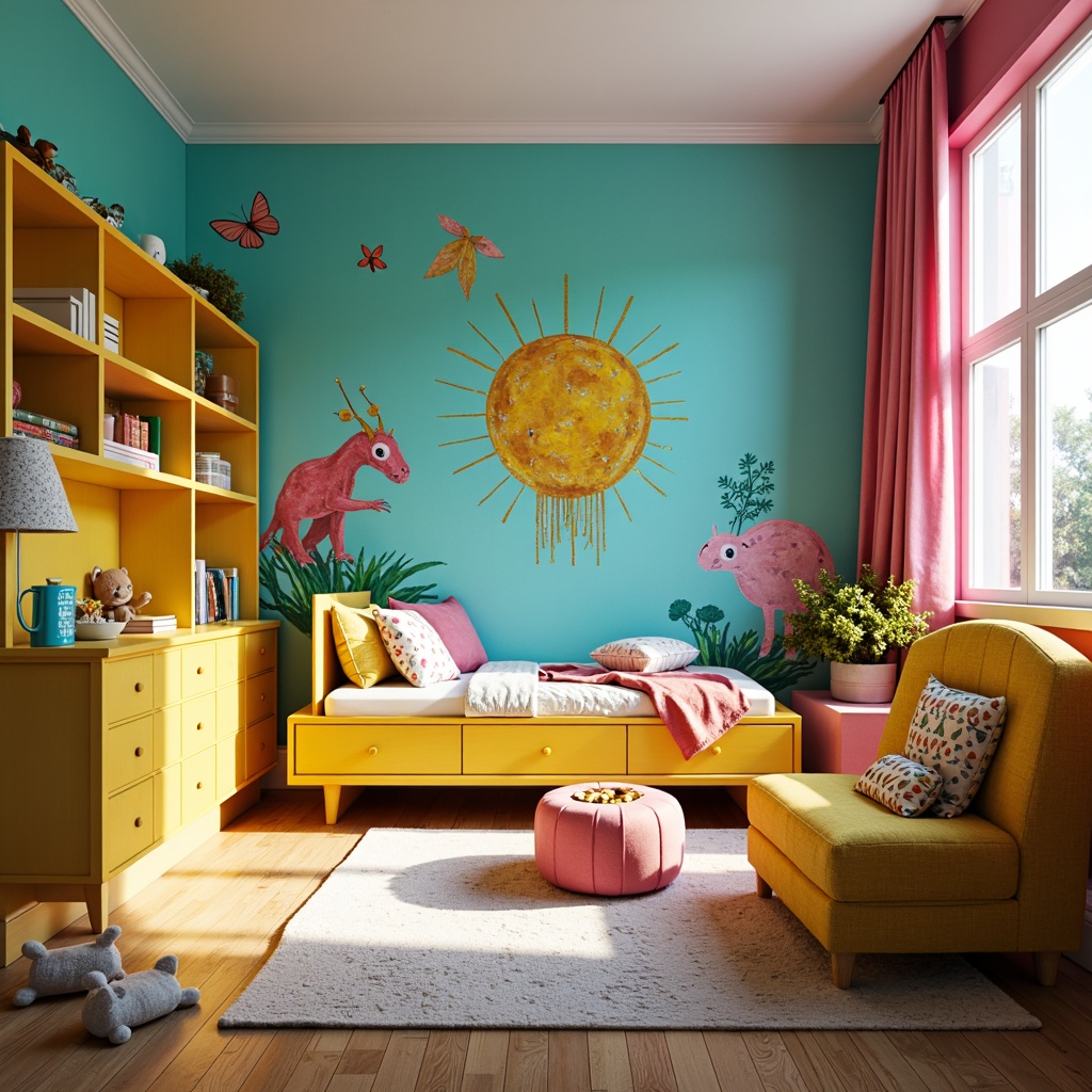 Prompt: Vibrant kids' room, expressionism art style, bold color palette, bright turquoise walls, sunshine yellow furniture, hot pink accents, creamy white trim, playful polka dots, whimsical stripes, fantastical creatures, imaginative murals, textured fabrics, plush toys, cozy reading nook, natural wood flooring, warm soft lighting, shallow depth of field, 1/1 composition, intimate atmosphere.