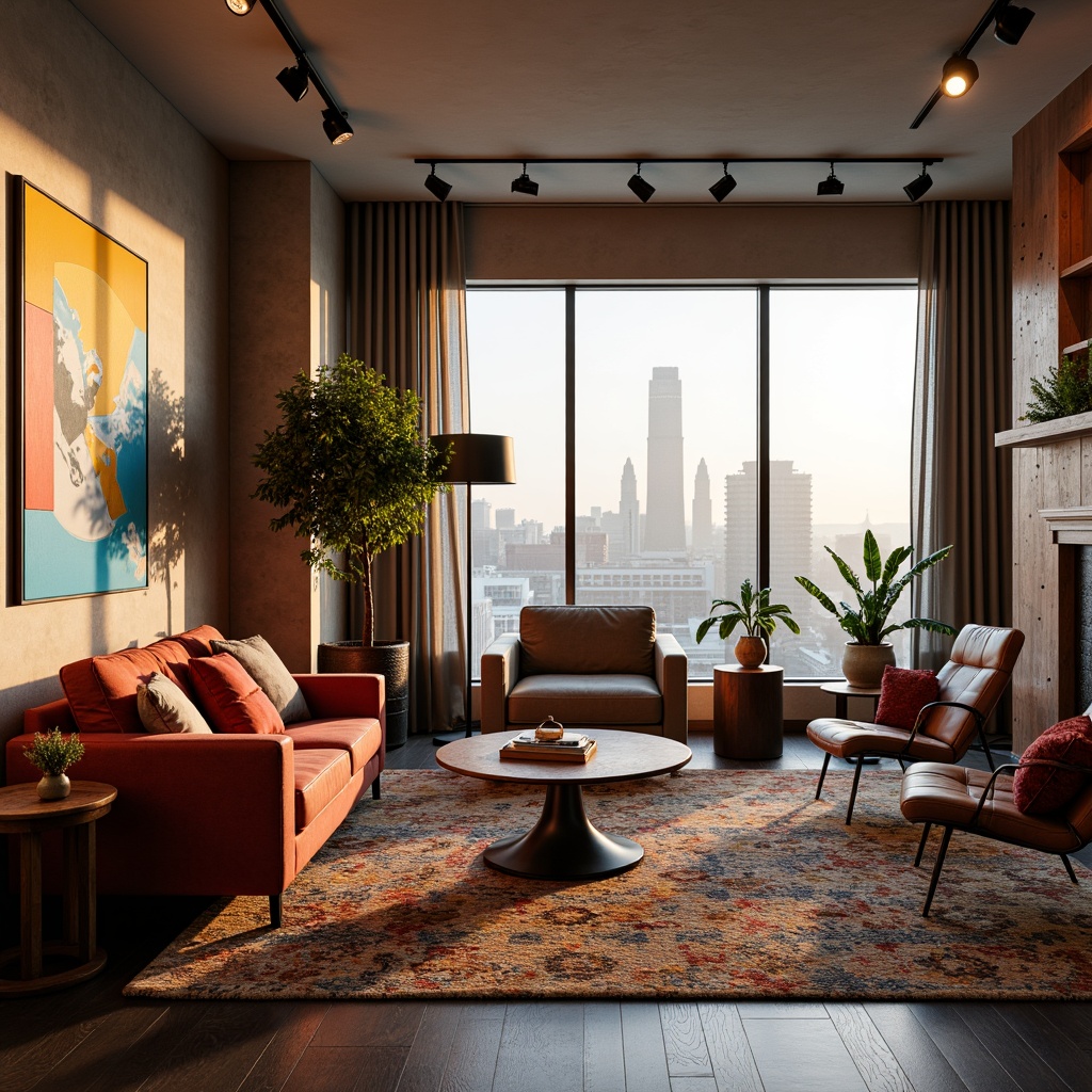 Prompt: Vibrant apartment interior, eclectic furniture arrangement, bold color schemes, abstract artwork, statement lighting fixtures, geometric patterned rugs, plush velvet sofas, wooden coffee tables with metal legs, minimalist side tables, industrial-chic metal chairs, distressed leather armchairs, floor-to-ceiling curtains, oversized windows, cityscape views, warm golden lighting, shallow depth of field, 1/2 composition, cinematic mood, realistic textures, ambient occlusion.