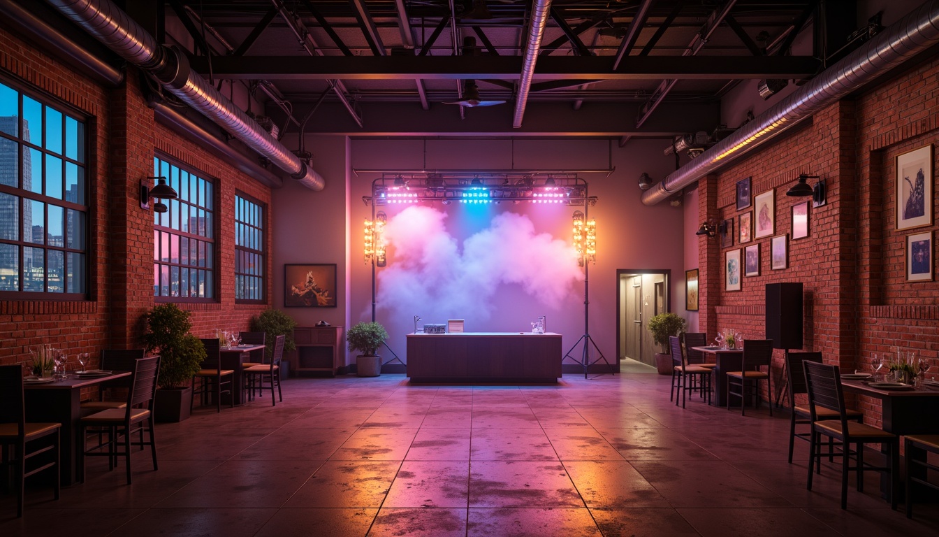 Prompt: Exposed brick walls, metal beams, industrial pipes, dimmable LED lights, strobe lights, laser beams, fog machines, DJ booths, dance floors, metallic accents, reclaimed wood, urban loft atmosphere, high ceilings, concrete floors, neon signs, cityscape views, nighttime scenery, moody ambiance, warm color temperatures, spotlights, downlights, uplights, sidelights, backlighting, dynamic lighting effects, rhythmic light patterns, pulsing lights, flashing lights, 3/4 composition, low-key lighting, high-contrast shadows.