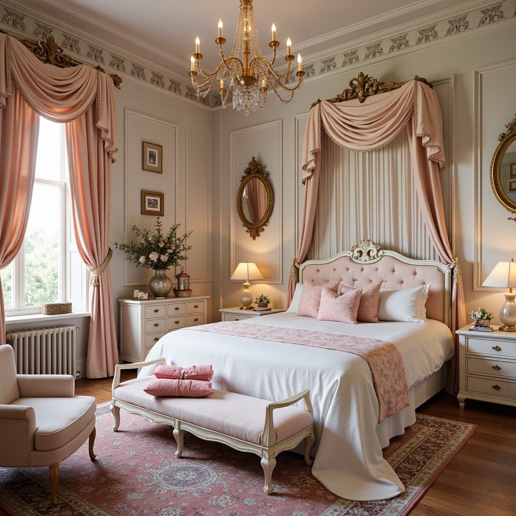 Prompt: Luxurious boudoir, ornate furnishings, soft pastel hues, pale pink accents, creamy whites, gold leaf details, intricate carvings, velvet upholstery, rich textiles, flowing drapes, ornamental mirrors, delicate chandeliers, warm candlelight, shallow depth of field, 3/4 composition, romantic ambiance, French-inspired elegance.