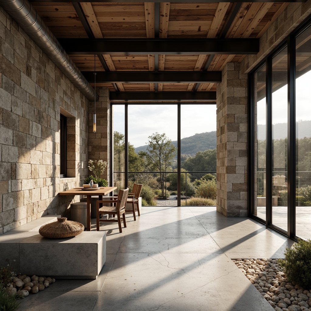 Prompt: Rough-hewn stone walls, raw concrete floors, brutalist sunroom, industrial-style metal beams, reclaimed wood accents, exposed ductwork, minimalist decor, natural light pouring in, dramatic shadows, coarse-grained stucco exterior, rugged landscape surroundings, overcast sky, warm ambient lighting, shallow depth of field, 1/1 composition, realistic textures, subtle color palette.