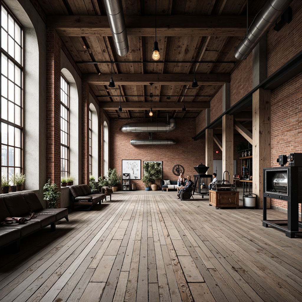 Prompt: Exposed brick walls, metal beams, reclaimed wood floors, industrial-style lighting fixtures, urban loft atmosphere, converted warehouse space, distressed concrete textures, mechanical equipment, vintage manufacturing machinery, exposed ductwork, Edison bulb pendant lights, steel pipes, minimalist decor, functional aesthetic, neutral color palette, high ceilings, open floor plan, natural light pouring in, dramatic shadows, 3/4 composition, realistic materials, ambient occlusion.