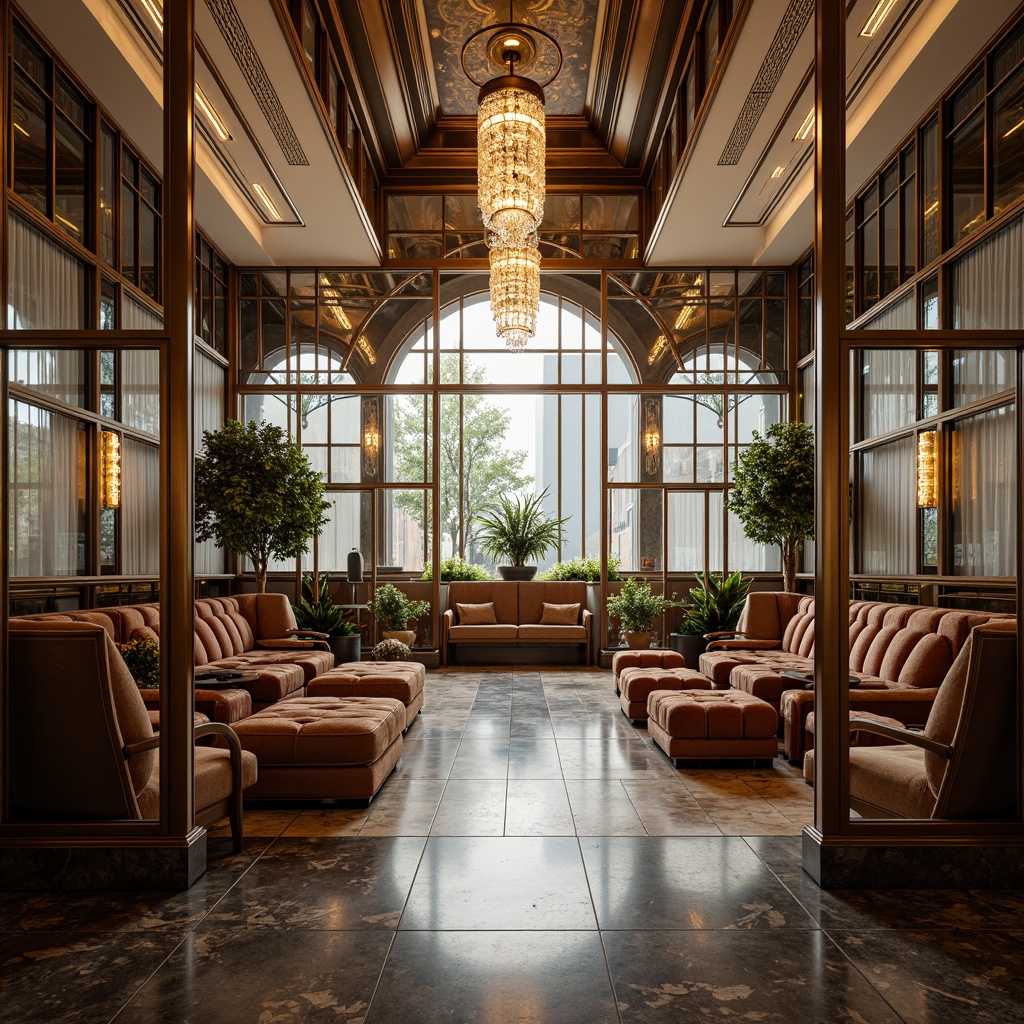 Prompt: Art Deco interior, luxurious ambiance, glass partitions, sleek metal frames, geometric patterns, ornate details, rich wood accents, velvet upholstery, crystal chandeliers, marble flooring, high ceilings, large windows, natural light, soft warm glow, 3/4 composition, shallow depth of field, elegant lines, sophisticated textures, ambient occlusion.