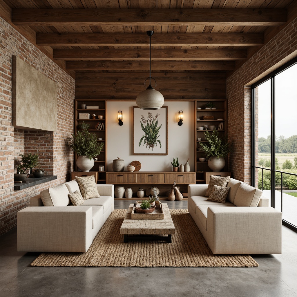 Prompt: Rustic farmhouse interior, streamline moderne aesthetic, natural wood accents, reclaimed barnwood, exposed brick walls, industrial metal beams, sleek minimalist lines, earthy color palette, oatmeal-hued upholstery, linen-textured fabrics, woven wicker furniture, ceramic pendant lights, matte black metal fixtures, honed concrete floors, plush area rugs, botanical prints, vintage agricultural tools, soft warm lighting, subtle shadows, 1/2 composition, shallow depth of field.