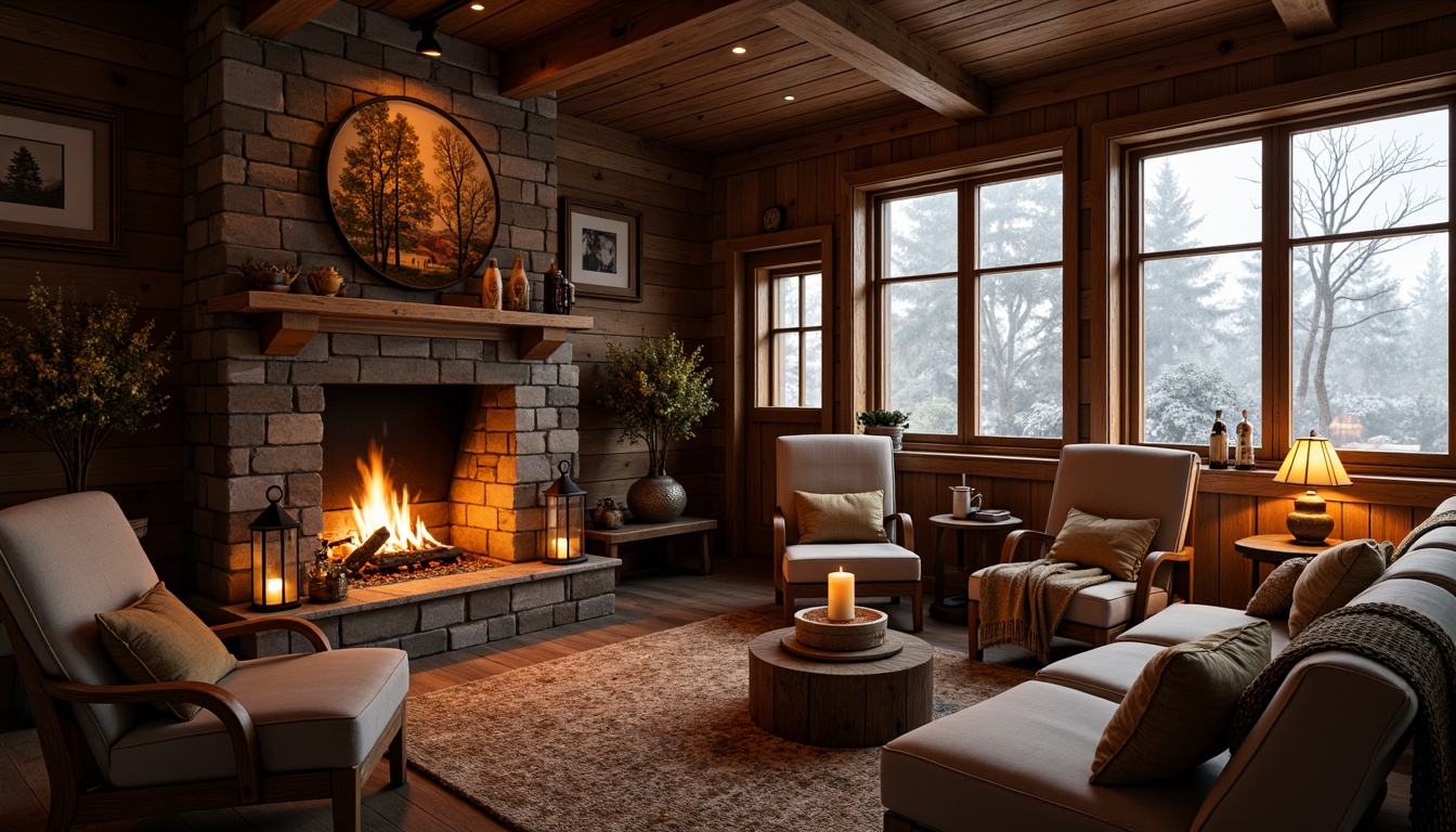 Prompt: Cozy cabin, rustic wooden walls, crackling fireplace, warm golden lighting, plush armchairs, soft cushions, woven blankets, natural stone hearth, vintage metal lanterns, autumnal colors, warm beverages, snowflakes falling outside, misty windows, dim ambient lighting, shallow depth of field, 1/1 composition, realistic textures, ambient occlusion.