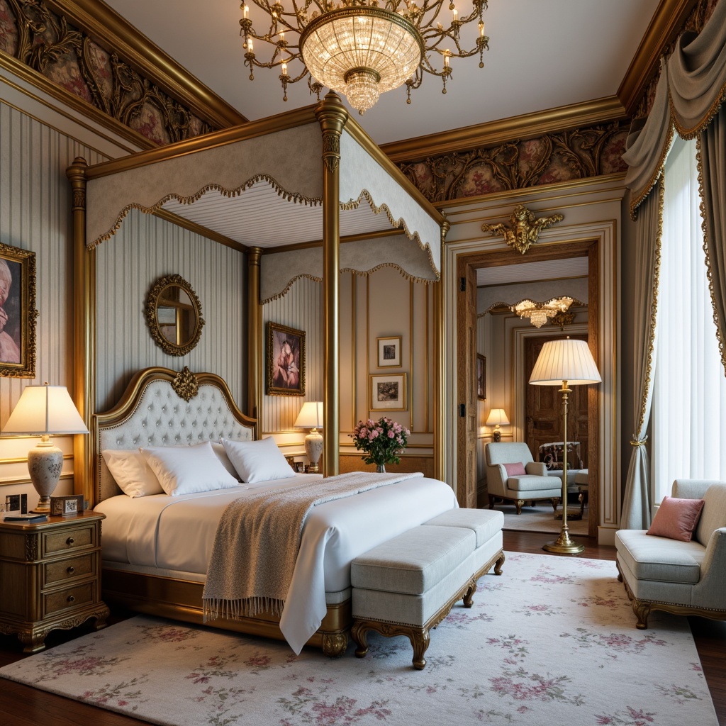 Prompt: Luxurious bedroom, ornate furnishings, curved lines, carved wood details, gilded accents, velvet upholstery, soft pastel hues, delicate florals, intricate patterns, tufted headboards, crystal chandeliers, marble floors, lavish drapery, tassel trim, Rococo-inspired mirrors, opulent fabrics, golden hardware, airy canopy beds, whimsical decorative accents, warm candlelight, shallow depth of field, 1/1 composition, soft focus effect.