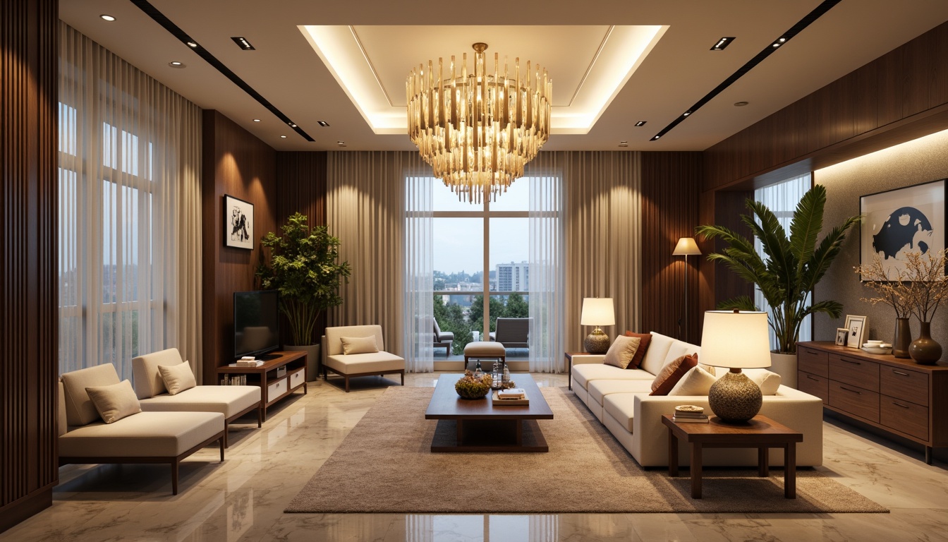 Prompt: Sophisticated living room, elegant chandeliers, warm ambient lighting, LED strip lights, cozy reading nooks, floor lamps, table lamps, pendant lights, natural light pouring in, sheer curtains, modern minimalist furniture, polished marble floors, neutral color palette, bright accent walls, recessed ceiling lights, soft warm glow, atmospheric shadows, 1/1 composition, shallow depth of field, realistic textures, ambient occlusion.