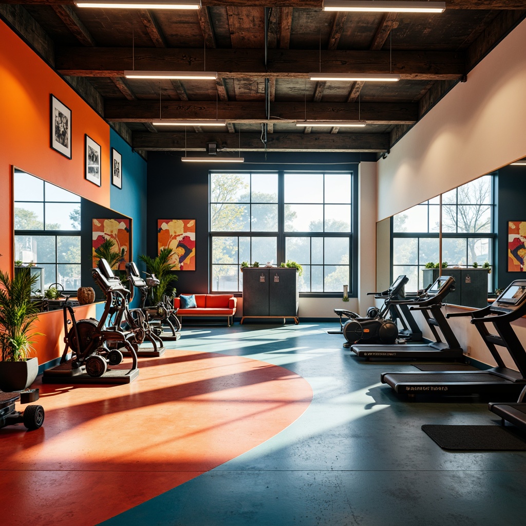 Prompt: Vibrant home gym, bold color scheme, abstract art pieces, industrial-style lighting fixtures, reclaimed wood accents, metal beams, minimalist equipment stations, futuristic exercise machines, mirrored walls, polished concrete floors, urban loft atmosphere, high ceilings, natural light pouring in, dramatic shadows, 1/1 composition, shallow depth of field, warm tone, atmospheric smoke effect.