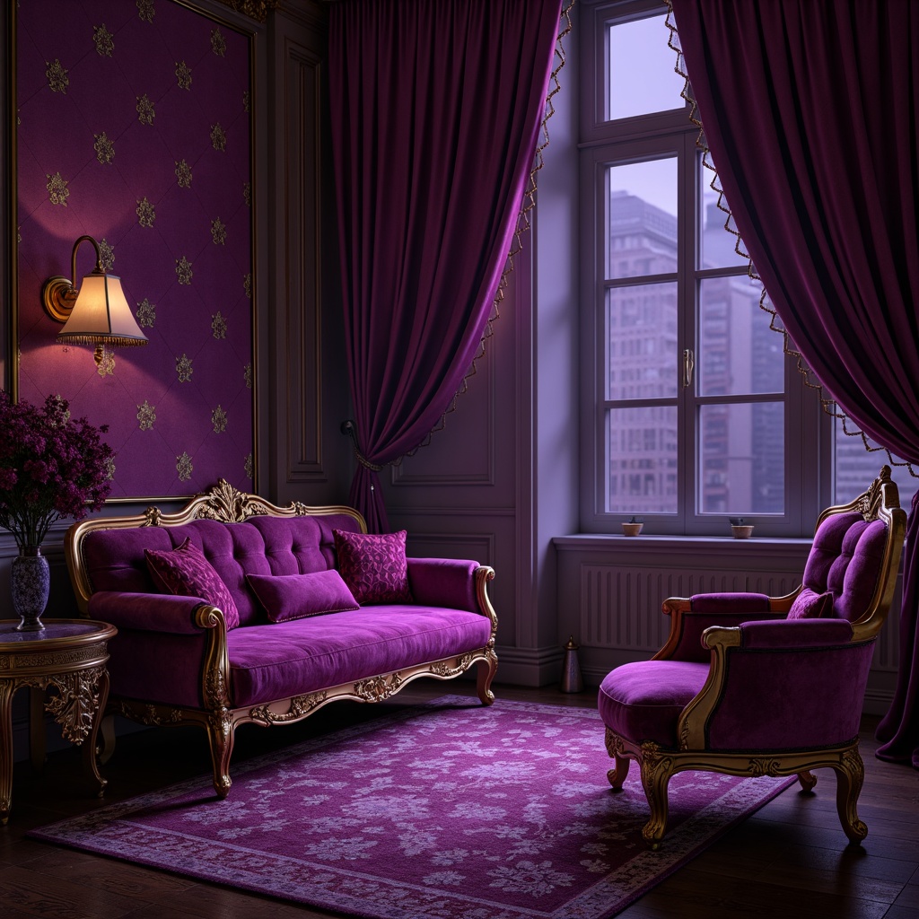 Prompt: Rich amethyst gemstones, luxurious velvet textures, regal purple hues, subtle pink undertones, metallic gold accents, ornate Baroque patterns, opulent drapery, lavish furnishings, mysterious twilight atmosphere, soft warm lighting, dramatic chiaroscuro shading, 3/4 composition, realistic reflections, ambient occlusion.