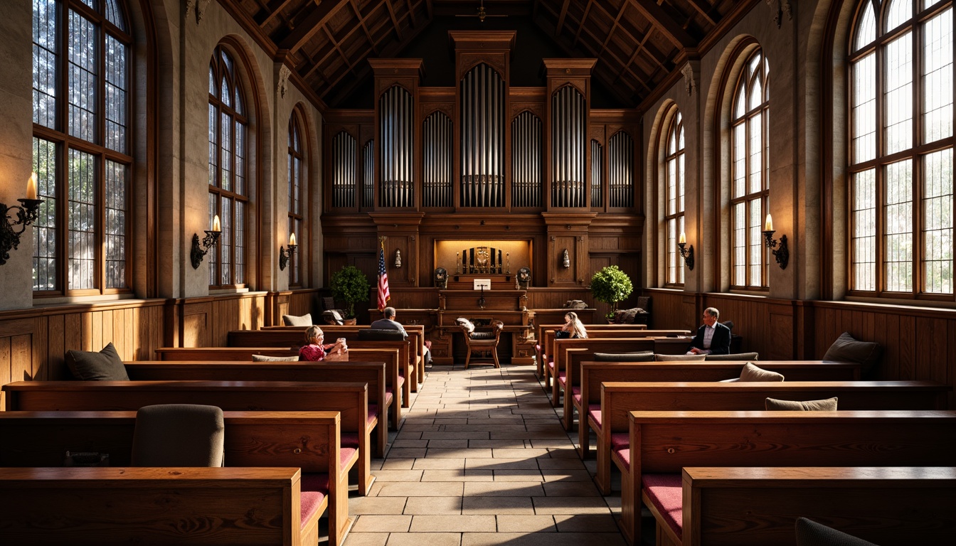 Prompt: Rustic wooden pews, stained glass windows, vaulted ceilings, grand organs, traditional craftsmanship, ornate carvings, rich wood tones, warm candlelight, cozy nooks, plush upholstery, velvet drapes, intricate metalwork, gothic arches, historic charm, natural stone floors, soft warm lighting, shallow depth of field, 1/2 composition, realistic textures, ambient occlusion.