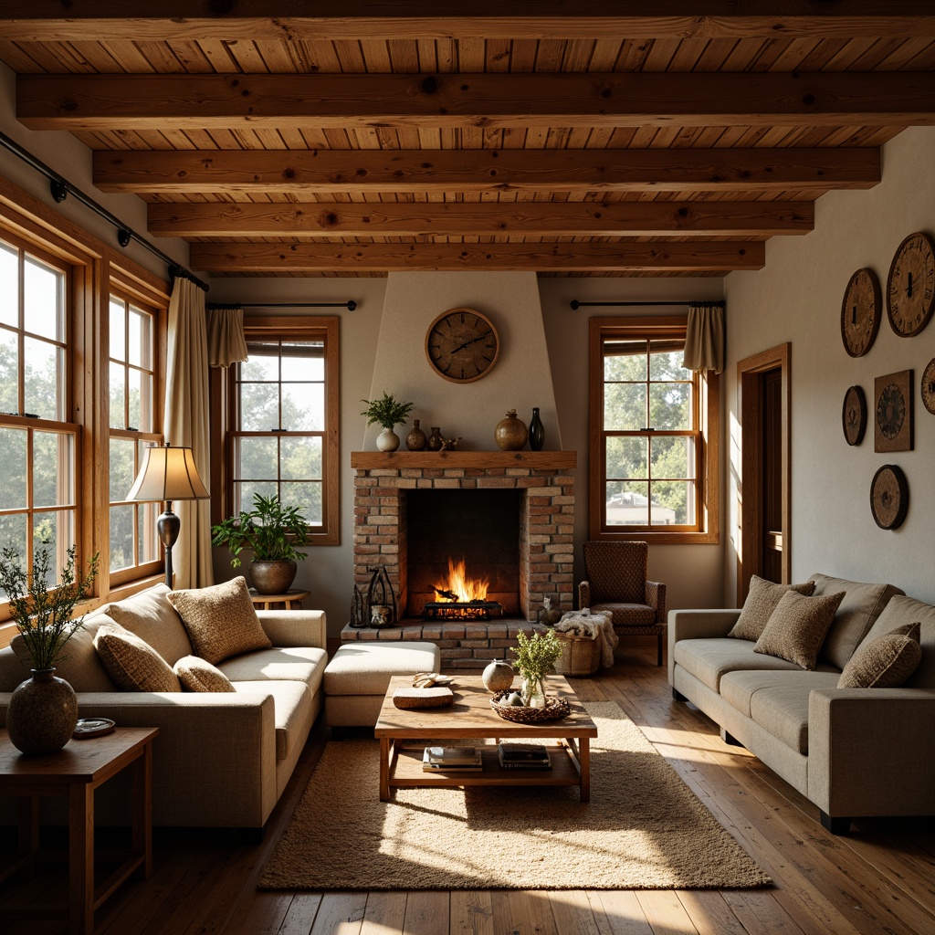 Prompt: Cozy living room, exposed wooden beams, natural wood tones, earthy color palette, warm ambient lighting, plush furniture, woven textiles, handmade crafts, vintage decorations, rustic metal accents, stone fireplace, wooden floors, soft carpeting, comfortable reading nooks, intimate atmosphere, shallow depth of field, 1/2 composition, warm golden lighting, realistic textures, atmospheric rendering.