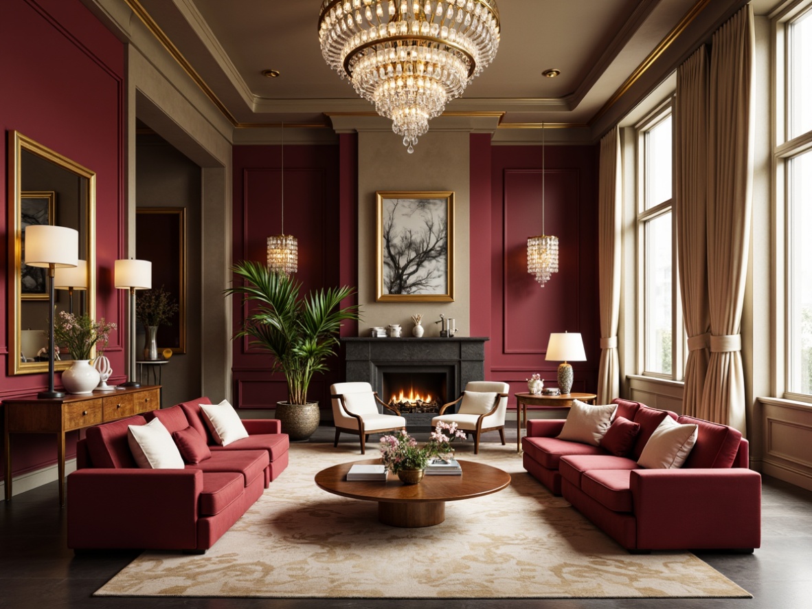 Prompt: Luxurious living room, burgundy accent walls, rich velvet sofas, golden metal frames, ornate wooden furniture, soft cream carpets, warm beige curtains, elegant crystal chandeliers, sophisticated modern architecture, high ceilings, large windows, natural light, subtle gradient shading, realistic textures, ambient occlusion.