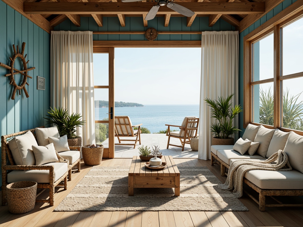 Prompt: Seaside cottage, driftwood accents, ocean-inspired color palette, calming blue hues, sandy beige tones, natural textiles, woven sea grass, nautical ropes, distressed wood furniture, coral patterns, shell decorations, ocean breeze, sunlight reflection, warm golden lighting, shallow depth of field, 1/1 composition, symmetrical balance, serene atmosphere, realistic weathering effects.