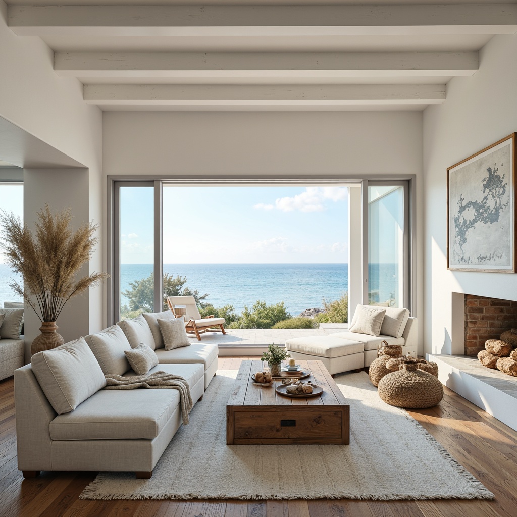 Prompt: Coastal cottage, white washed walls, wooden flooring, beachy vibe, natural light pouring, floor-to-ceiling windows, sliding glass doors, ocean views, calming blue hues, soft warm lighting, textured linen fabrics, woven sea grass baskets, driftwood decorative accents, shells and pebbles displays, nautical rope details, minimalist chic style, airy open spaces, unobstructed beachfront views, subtle color palette, organic natural materials, weathered wood tones, soft pastel shades, serene atmosphere, effortless elegance.