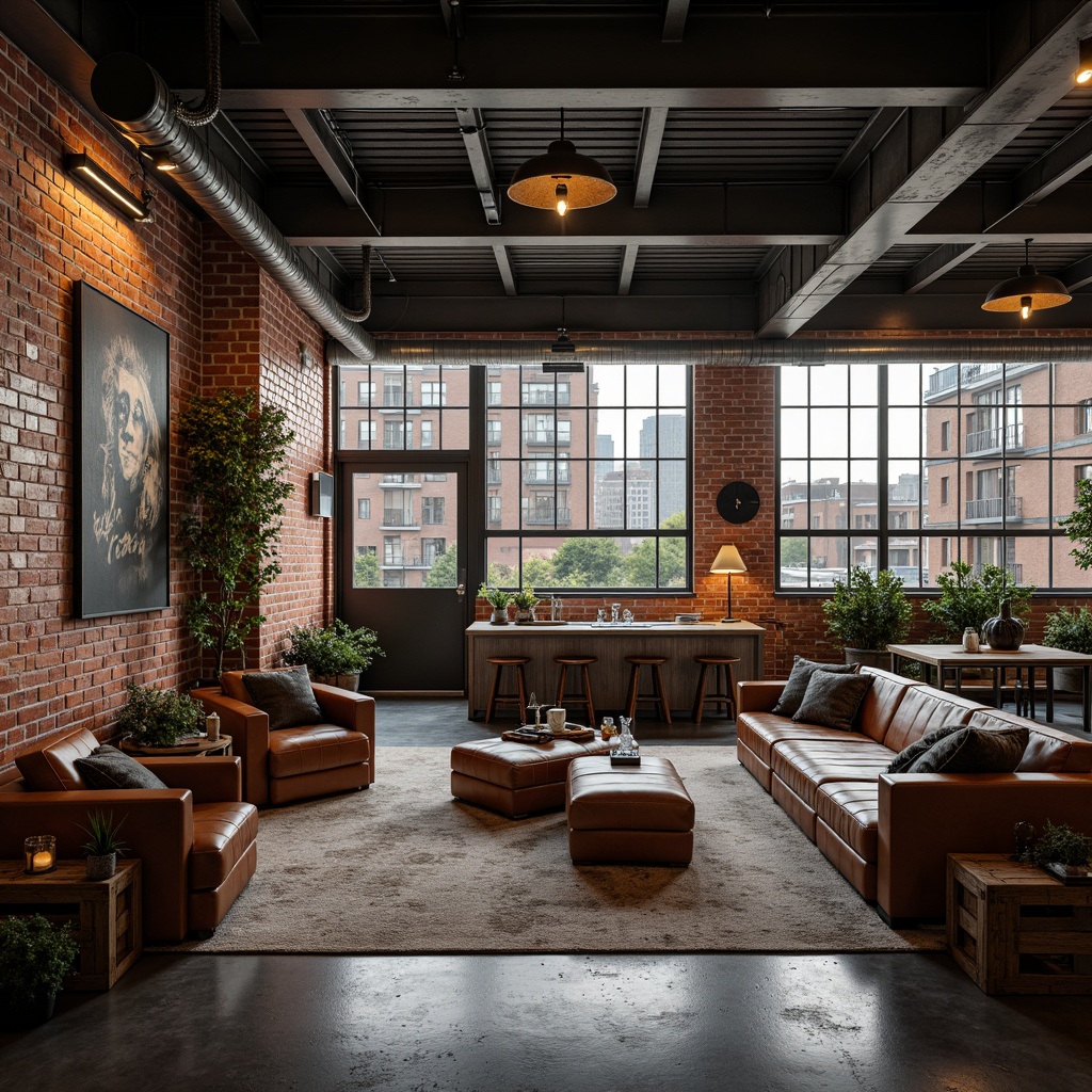 Prompt: Exposed brick walls, metal beams, industrial-style lighting fixtures, reclaimed wood accents, vintage factory windows, distressed leather furniture, urban-inspired artwork, metallic color schemes, edgy textures, modern minimalist decor, low-ceiling loft atmosphere, functional shelving units, rustic wooden crates, decorative gears, industrial-chic accessories, moody dimmable lighting, abstract cityscape views, 3/4 composition, shallow depth of field, realistic rendering.