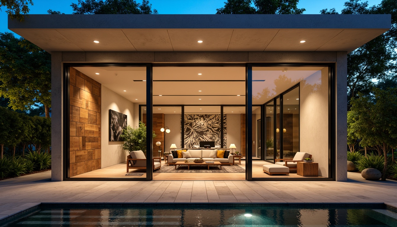 Prompt: Modern residential facade, sleek glass doors, minimalist metal frames, warm LED lighting, abstract geometric patterns, polished chrome hardware, statement wall art, lush greenery, natural stone flooring, wooden accents, open-plan living area, floor-to-ceiling windows, sliding glass panels, cantilevered rooflines, dramatic overhangs, inviting outdoor spaces, cozy seating areas, ambient soft lighting, shallow depth of field, 3/4 composition, realistic textures.