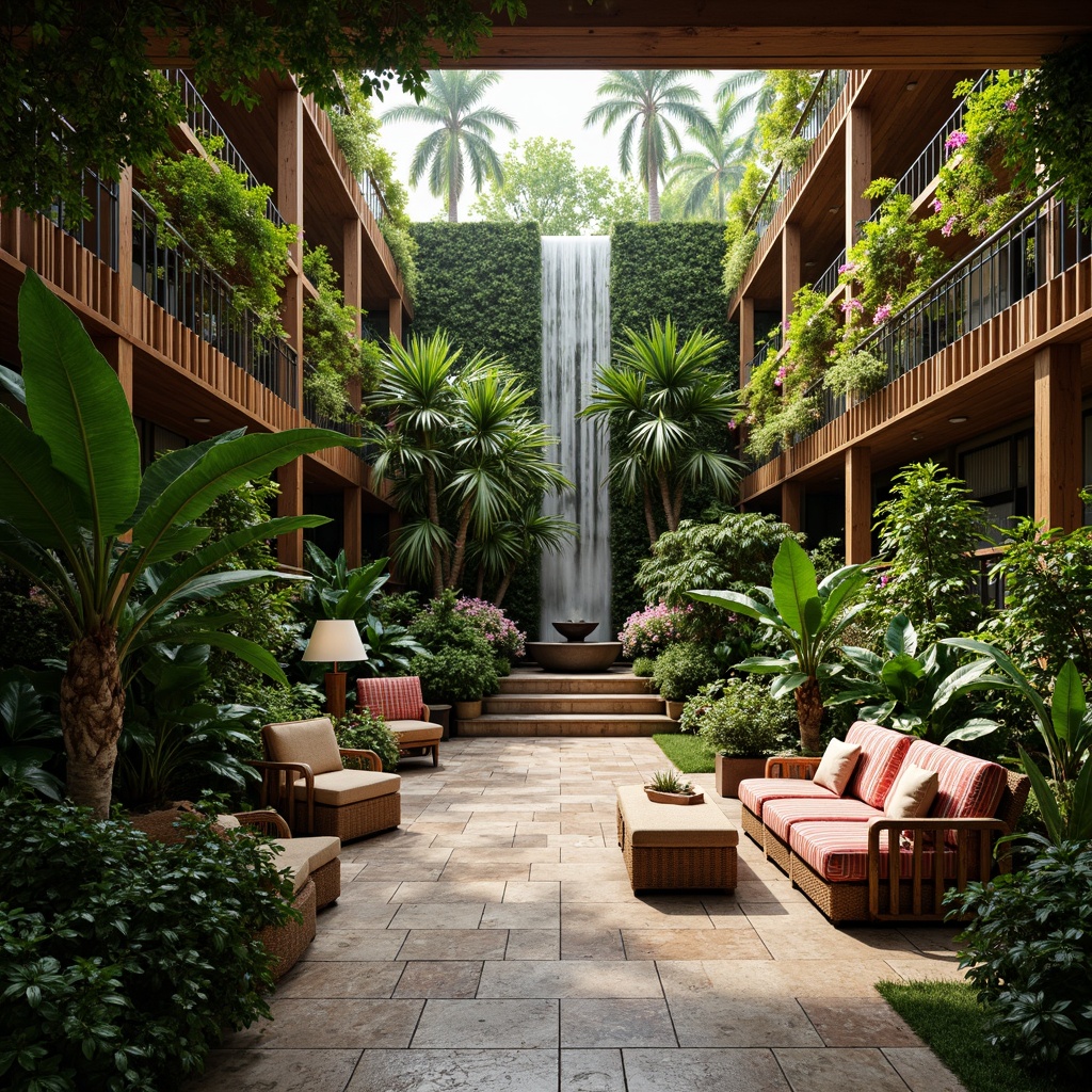 Prompt: Lush tropical interior, exotic plants, natural stone flooring, reclaimed wood accents, woven rattan furniture, vibrant colorful textiles, intricate geometric patterns, warm soft lighting, shallow depth of field, 1/1 composition, panoramic view, realistic textures, ambient occlusion, indoor waterfall feature, misting system, green walls, living walls, vertical gardens, hanging planters, tropical flowers, palm trees, bamboo accents, natural ventilation systems, eco-friendly materials, sustainable design solutions.