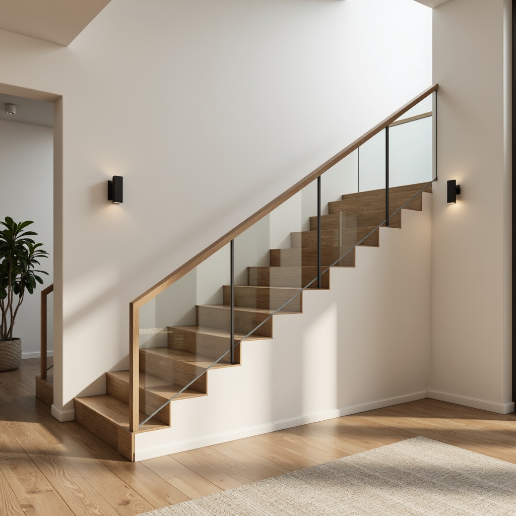 Prompt: Minimalist Scandinavian staircase, sleek wooden handrails, brushed steel balusters, frosted glass panels, LED lighting strips, oak wood treads, pale ash flooring, creamy white walls, natural linen textiles, ambient soft lighting, shallow depth of field, 1/1 composition, realistic wood textures, subtle Nordic patterns.