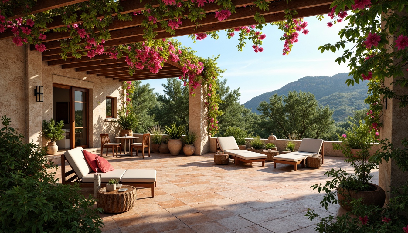 Prompt: Warm Mediterranean villa, open-air courtyard, lush greenery, vibrant bougainvillea, rustic stone walls, terracotta tiles, wooden pergolas, outdoor seating areas, wrought iron furniture, colorful ceramics, soft warm lighting, shallow depth of field, 1/2 composition, panoramic view, realistic textures, ambient occlusion, sun-kissed hills, blue horizon, gentle sea breeze.