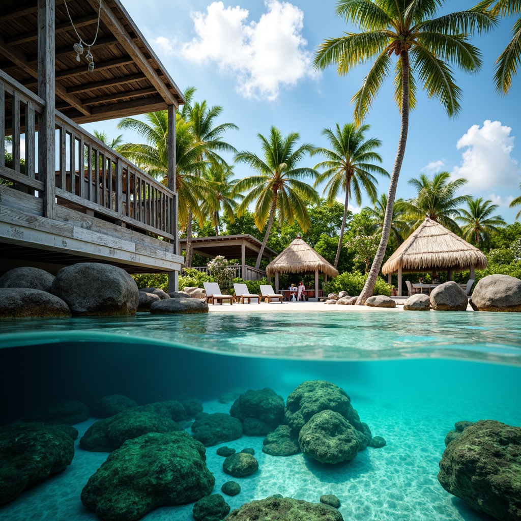 Prompt: Vibrant tropical island, bright coral reefs, bold turquoise waves, exotic palm trees, eclectic beach huts, weathered wooden decks, distressed metal accents, rustic rope railings, playful tassel details, whimsical shell decorations, sunny day, high contrast lighting, dramatic shadows, 1/1 composition, macro photography, realistic textures, ambient occlusion.