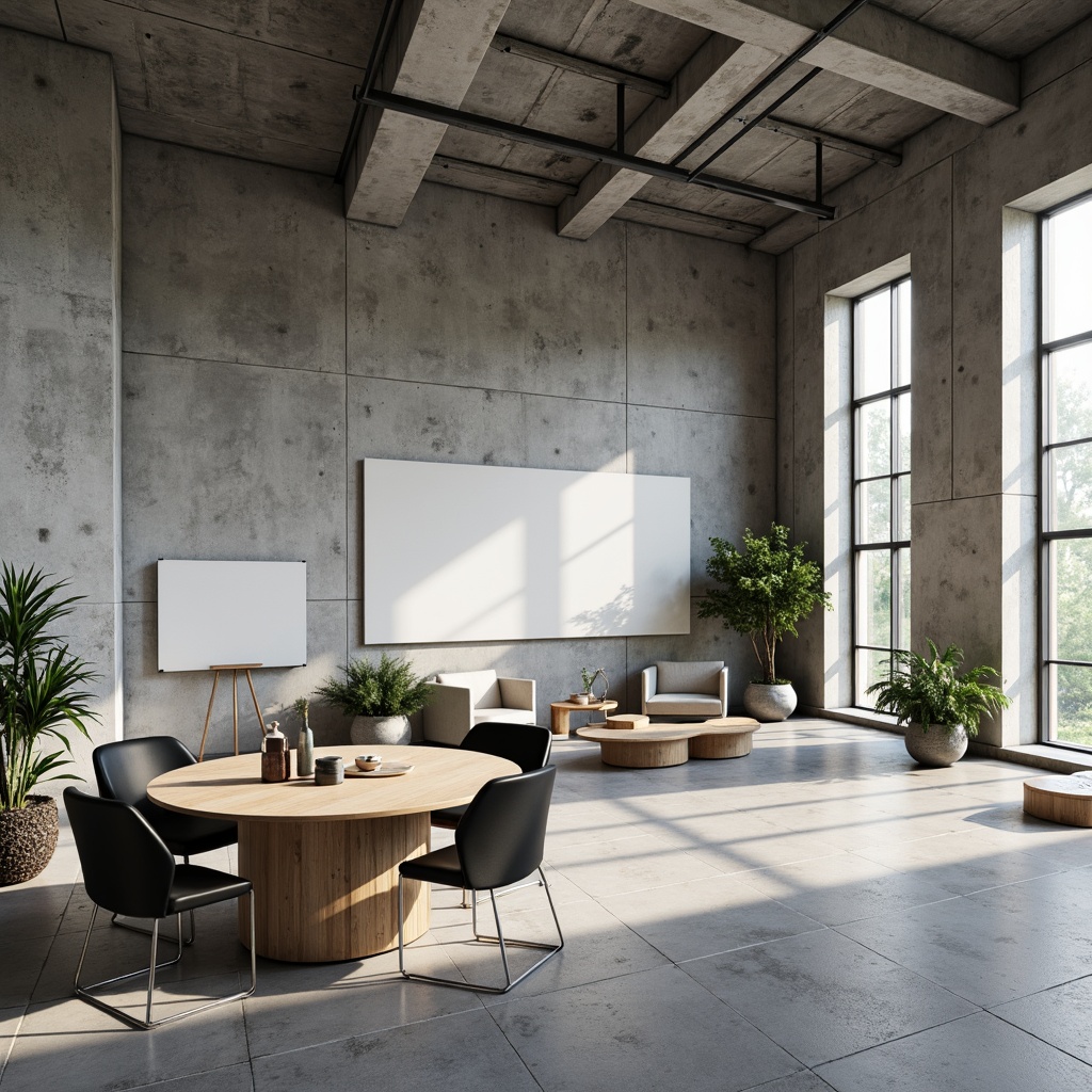 Prompt: Exposed concrete walls, industrial metal beams, polished concrete floors, minimalist wooden furniture, sleek black chairs, simple whiteboards, sparse greenery, abundant natural light, large windows, brutalist architecture, functional design, monochromatic color scheme, subtle texture contrasts, soft ambient lighting, shallow depth of field, 1/1 composition, realistic material rendering, ambient occlusion.