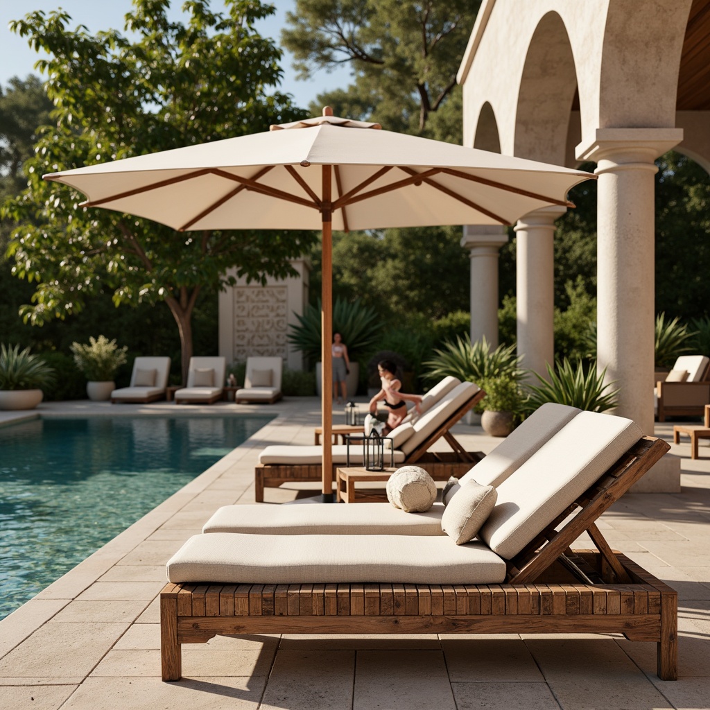 Prompt: Elegant poolside lounge chairs, ornate iron tables, distressed wood benches, vintage-inspired lanterns, soft velour cushions, neutral beige umbrellas, classic Greek columns, intricate stone carvings, serene water features, lush greenery surroundings, sunny afternoon light, warm golden hues, shallow depth of field, 1/2 composition, realistic reflections, ambient occlusion.