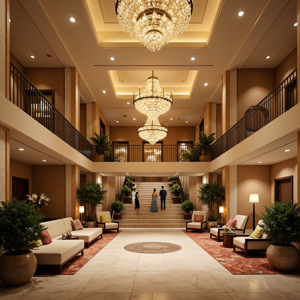 Prompt: Elegant chandelier, warm golden lighting, cozy atmosphere, sophisticated lobby, grand staircase, luxurious materials, rich wood tones, polished marble floors, soft pastel colors, delicate glass fixtures, ornate metalwork, lavish furnishings, opulent textiles, dramatic ceiling heights, majestic architectural details, warm beige walls, inviting ambiance, relaxing mood, 1/2 composition, shallow depth of field, soft focus blur.